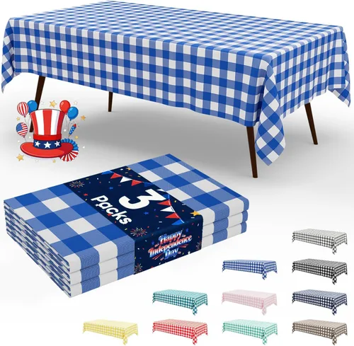 Vista 54 de Smiry Paquete de 3 Manteles Desechables de Cuadros Gingham Color Caqui - 54" x 72" Mantel de Plástico de Servicio Pesado, Cubiertas de Mesa