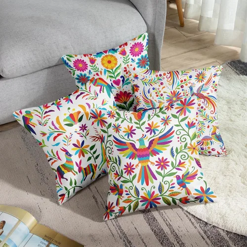 Vista 4 de Sanwarm - Juego de 4 fundas de almohada de lino, 16 x 16 pulgadas, étnica mexicana