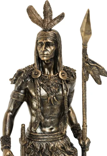 Vista 4 de Ebros - Jefe tribal indio nativo americano, grande, 3 plumas, guerrero águila con lanza explorador, estatua de pájaro explorador de 18.5 pulgadas