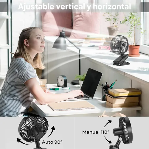 Vista 3 de Ventilador con clip de 10000 mAh, 42 h de duración, ventilador de mesa silencioso y oscilante automático, recargable con 4 velocidades potentes