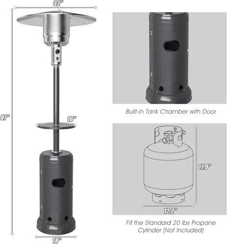 Vista 7 de COSTWAY - Calentador de patio de 50,000 BTU con propano, con estante para bebidas en la mesa, ruedas, sistema de encendido simple y depósito