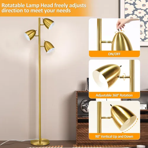 Vista 5 de Lámpara de pie de árbol con 3 bombillas, lámparas de pie altas con cabezales metálicos ajustables de 65" Lámparas de pie de lectura con base E26