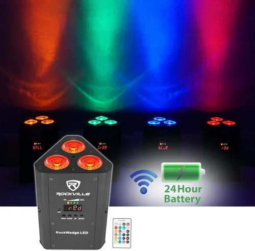 Vista 2 de Rockville RockWedge LED 54W RGBWA+UV - Luz Par alimentada por batería, DMX inalámbrico, recargable, diseño compacto, para DJs y eventos, 2 piezas