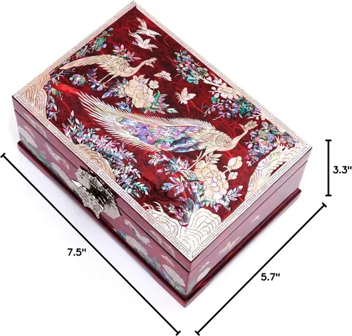 Vista 7 de MADDesign Mother of Pearl Joyero Anillo Espejo Tapa 2 Nivel Pavo Real Rojo