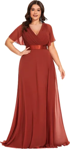 Vista 30 de Ever-Pretty Vestidos formales de noche de gasa para mujer con cuello en V de talla grande para mujeres con curvas, vestido de dama de honor de largo