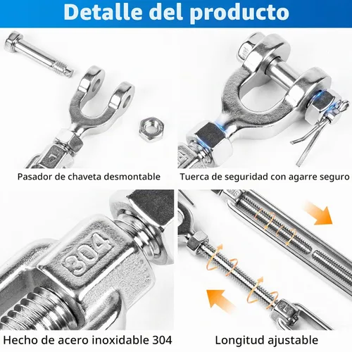 Vista 6 de 2 tensores M12 de 1/2 pulgada de acero inoxidable 304 de mandíbula y mandíbula tensor de mandíbula, tensor de cable resistente, límite de carga