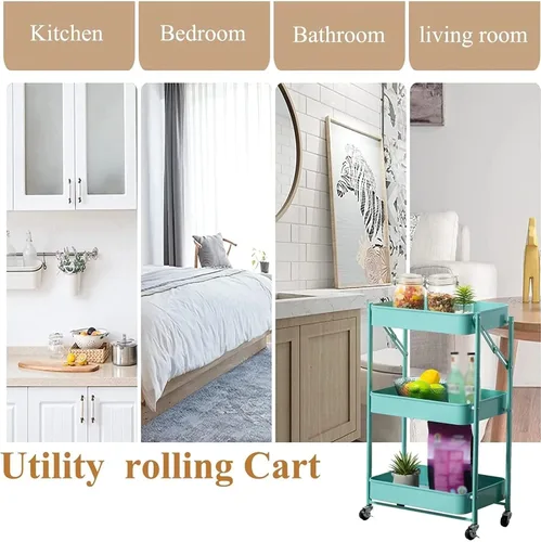 Vista 6 de Carrito de almacenamiento de frutas y verduras, carrito plegable de metal para cocina, estante organizador de almacenamiento de 3 niveles