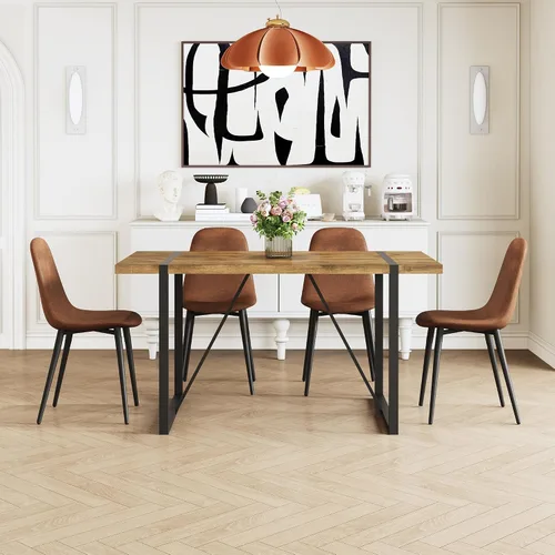 Vista 4 de Juego de mesa de comedor rústica de 5 piezas para 4 personas, mesa de comedor rectangular de madera moderna de mediados de siglo de 55 pulgadas