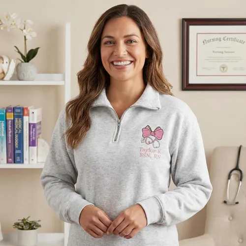 Vista 2 de COUPLEHOODIES - Sudadera de enfermería bordada con nombre, personalizada, con cremallera de un cuarto, regalo para asistente de enfermería