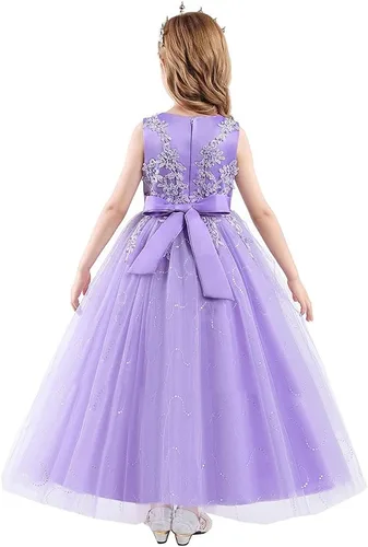 Vista 4 de MYRISAM Vestido largo de tul con encaje bordado para niñas de flores, para comunión, para comunión, cumpleaños, princesa, concurso de belleza