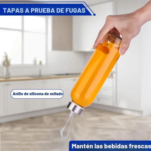 Vista 4 de Paquete de 3 botellas de agua de vidrio con tapa, transparente, 17 onzas Reusable Juice Bottle with Stainless Steel Cap, Glass Cup Liquid Storage