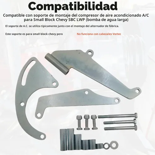 Vista 2 de Compatible con bloque pequeño Chevy A/C Compresor de aire acondicionado Soporte de montaje SBC LWP Bomba de agua larga lado del conductor 9919L 119L