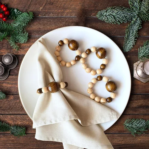 Vista 6 de Juego de 6 servilleteros modernos con cuentas de madera Servilleteros de cena para vacaciones y Navidad, fiesta de cumpleaños y decoración de boda