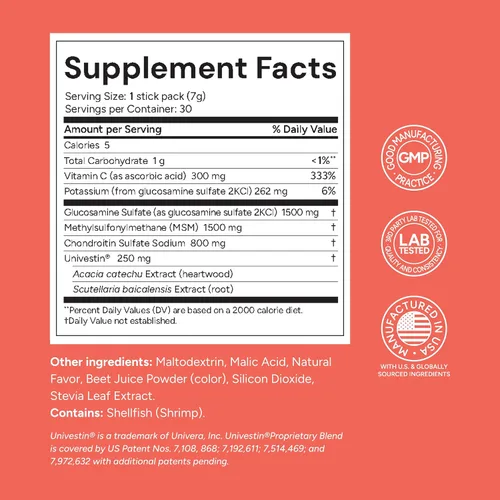 Vista 7 de Glucosamine, Chondroitin, MSM with Univestin Joint Support Powder Drink Mix for Mobility & Flexibility Raspberry Flavor 30-Day Supply