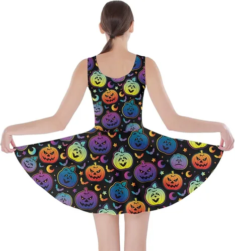 Vista 2 de Vestido CowCow para dama color naranja de Halloween con murciélagos voladores estilo skater
