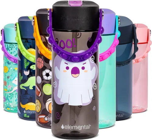 Vista 8 de Elemental Botellas de agua para niños – Botella de agua para niños Splash para la escuela con mango Pop-it – Botella de agua de plástico Tritan sin