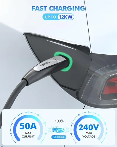 Vista 2 de Cable de extensión de cargador EV para Tesla, 50 amperios, 40 pies hasta 240 V, 12 kW, cable de extensión NACS Plug EV para conector de pared Tesla