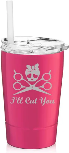 Vista 2 de Vaso de 12 onzas de acero inoxidable de doble pared aislado al vacío taza de viaje para café con popote I'll Cut You Hair Dresser Stylist (negro)