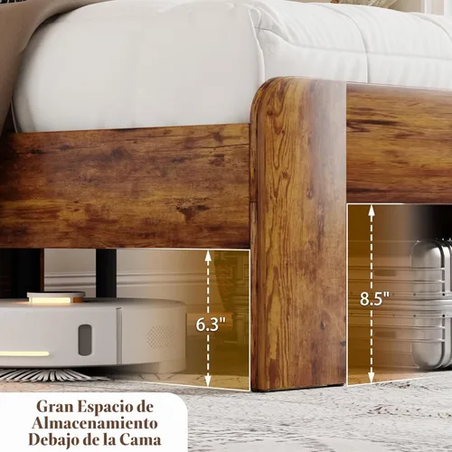 Vista 8 de Base de cama matrimonial con cabecera de almacenamiento y estación de carga, color marrón Platform Bed Frame, LED Lights, Wooden Slats