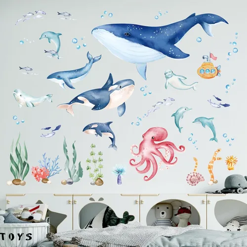 Vista 2 de wondever Calcomanías de pared con diseño de ballena marina y delfín