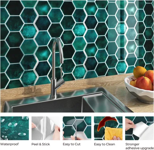 Vista 2 de FunStick Adhesivos para azulejos de pared en muro de cocina de 12 x 12 pulgadas, azulejos de pared hexagonales 3D autoadhesivos de color verde Verde