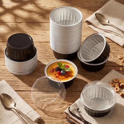 Vista 2 de Paquete de 200 forros de aluminio para cupcakes con tapas, color negro, liso 5 oz Round Baking Cup, Disposable Ramekin Container, Wedding