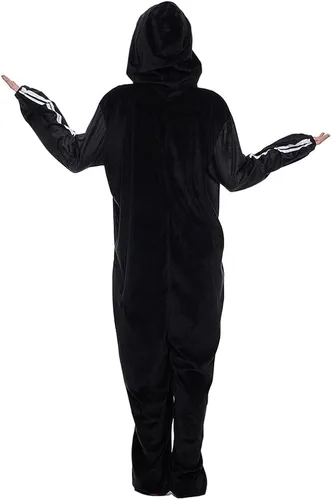 Vista 8 de ReneeCho Pijama de esqueleto con capucha para adultos, hombres y mujeres, disfraz de Halloween, overol de una pieza, color negro, Negro