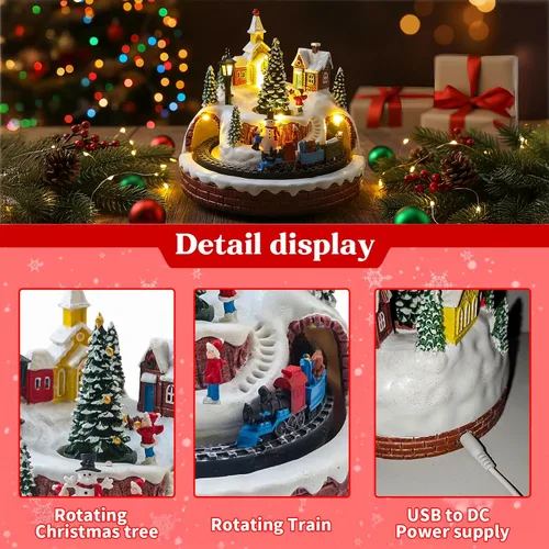 Vista 3 de Decoración de aldea navideña con tren giratorio y árbol de Navidad, edificios coleccionables musicales, 8 canciones, luces LED, función