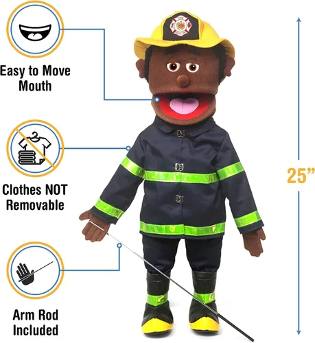 Vista 3 de Bombero de 25 pulgadas, macho negro, cuerpo completo, marioneta estilo ventrílocuo