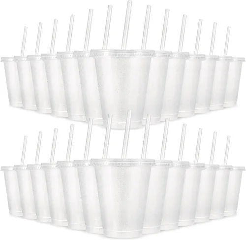 Vista 12 de 24 Piezas Vasos de Plástico con Tapas y Pajitas, Vasos Reutilizables con Tapas Vasos Coloridos de Plástico para Fiesta de Cumpleaños, Taza de Café