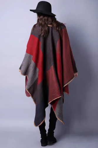 Vista 6 de Chal de punto para mujer, a cuadros, con parte delantera abierta, tipo poncho, tipo capa envolvente