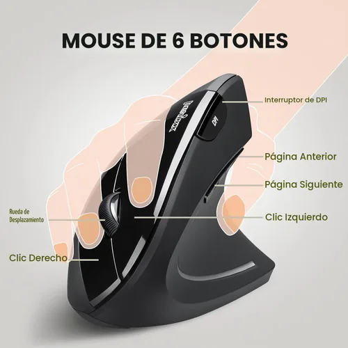 Vista 2 de Perixx PERIMICE-713 - Ratón vertical inalámbrico, diseño de 6 botones, 3 niveles DPI, color negro, diseño para diestros