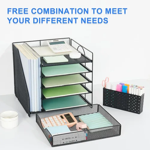 Vista 3 de Organizador de escritorio con cajón y soporte para bolígrafos, organizador de bandeja para cartas de papel de 5 niveles con soporte para archivos