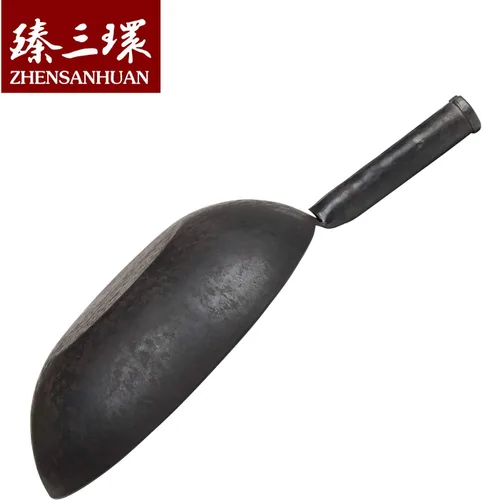 Vista 4 de ZhenSanHuan Wok de Hierro Martillado a Mano con Fondo Plano Apto para Inducción (32CM, Mango de Hierro)