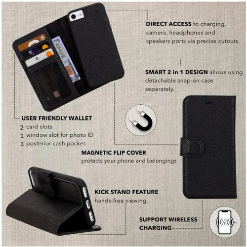 Vista 2 de Compatible con iPhone 7/8 / SE Funda tipo cartera, cuero genuino hecho a mano, cubierta magnética desmontable con soporte para tarjetas