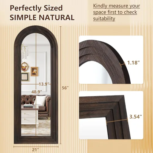 Vista 4 de MirrMuse Arched Floor Full Length Mirror with Wood Frame, 56"x21" Rustic Farmhouse, Free Standing, for Bedroom Living Room Store, Leaning or Wall