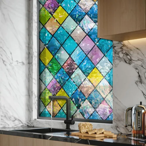 Vista 4 de WALPLUS Película decorativa de privacidad para ventana, diseño de arco iris, película extraíble para ventana, bloqueador solar estático, control