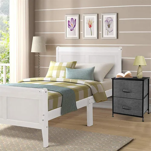 Vista 8 de Mueble de mesa de noche con 2 cajones, torre de almacenamiento de mesa auxiliar, marco de acero resistente, parte superior de madera, cubos de tela