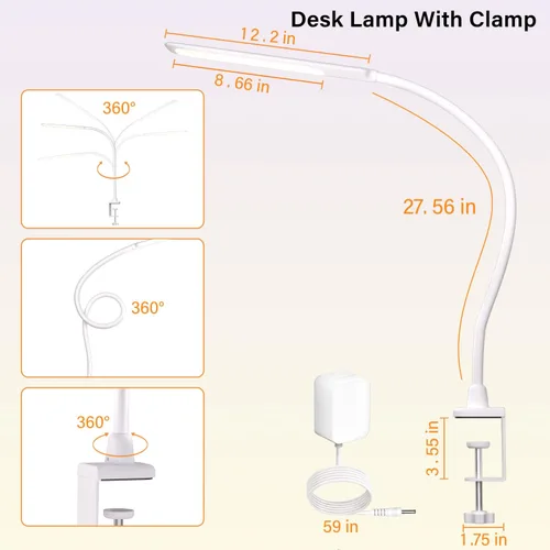 Vista 7 de Lámpara de escritorio LED con abrazadera, lámparas de cuello de cisne de 10 W, control táctil, lámpara de abrazadera de brazo oscilante, lámpara