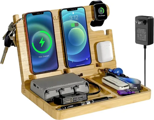 Vista 10 de Base de carga para teléfono de madera Xunhomon, estación de carga inalámbrica de 27W de carga rápida para 2 teléfonos para iOS/Android/iWatch/Air