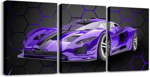 Vista 13 de Feelyou Cuadro azul de carreras para pared, 12 x 16 pulgadas, 3 piezas de autos deportivos de velocidad, lienzo para decoración de pared, diseño