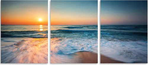 Vista 2 de TutuBeer 3 paneles de fotos de playa, arte de pared, diseño de mar azul, playa blanca al amanecer, imágenes impresas en lienzo, imágenes del océano