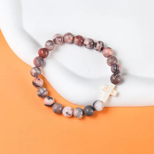 Vista 2 de Regalos cristianos para mujeres, hombres, pulsera elástica de cuentas cruzadas católicas religiosas, regalos de joyería curativa de piedra natural