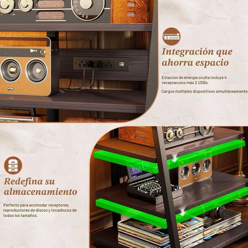 Vista 7 de Armocity Soporte multimedia AV de 4 niveles con tiras de alimentación, soporte estéreo con luces LED, torre de audio en rack con estantes