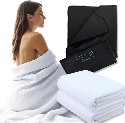 Vista 13 de Manta de inserción para sauna REVIIV - Juego de 2 toallas suaves de algodón negro a cuadros - Cómodas y fáciles sesiones en casa, limpieza mínima