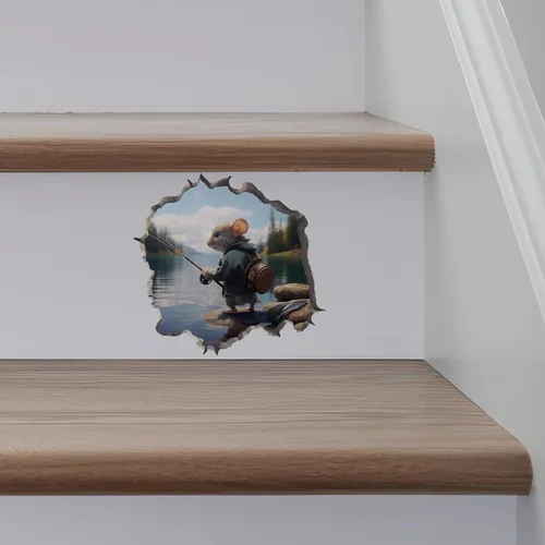 Vista 4 de Pegatina de pared 3D con agujero de ratón de pescador con agujero de ratón