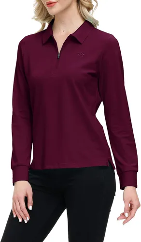 Vista 4 de JINSHI Polo de golf para mujer, de manga larga, con cremallera, deportiva, de secado rápido, atlética, casual, ajustada
