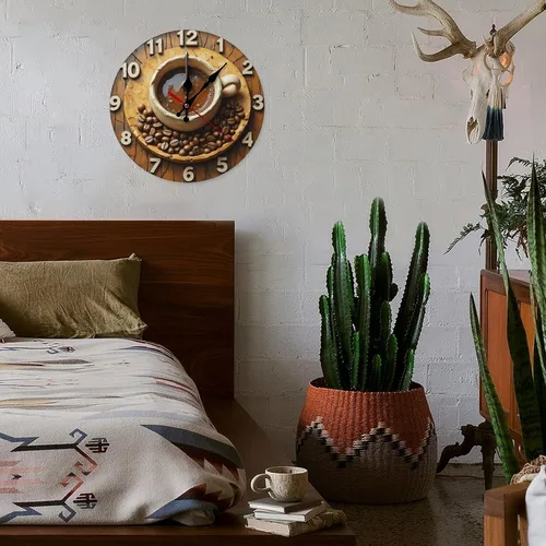 Vista 7 de Reloj de pared para decoración del hogar, diseño rústico de taza de café marrón, con estampado de taza A, funciona con pilas, silencioso, sin