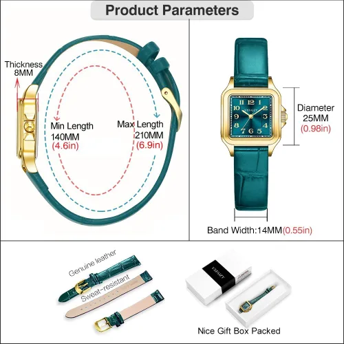 Vista 6 de Reloj cuadrado delicado para mujeres con números arábigos fáciles de leer, relojes de vestir para damas
