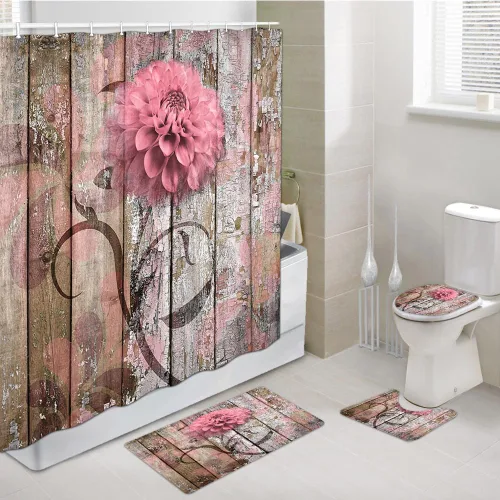 Vista 46 de JAWO Alfombra de baño con flores de granja, dalia en tablones de madera rústica, juego de tapetes de baño con flores azules, en forma de U